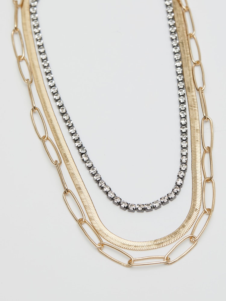 Mood Gold Tone Crystal And Chain Layered Necklace Pack of 3 - Image 1 of 1