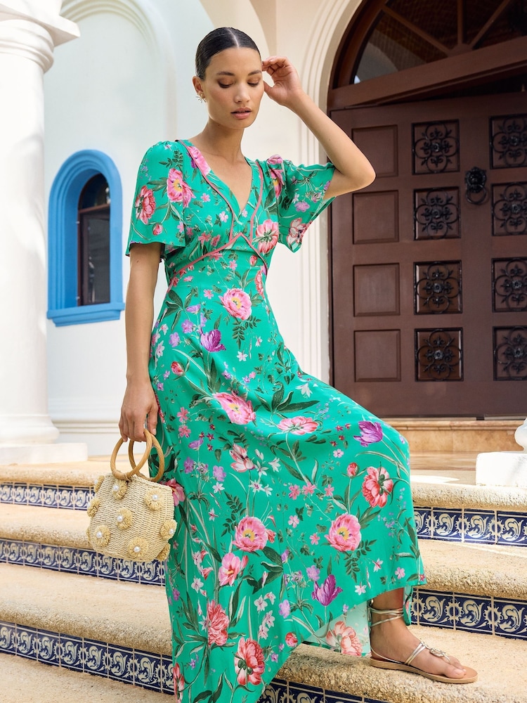 V&A | Love & Roses Green Printed Hanky Hem Dress - Image 4 of 4 V&A | Love & Roses Green Printed Hanky Hem Dress - Image 4 of 4
