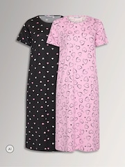 Yours Curve Pink Heart Print Midaxi Nightdresses 2 Pack - Image 1 of 9