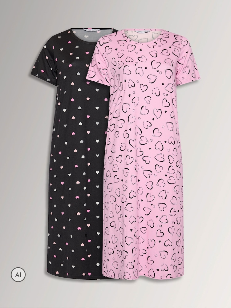 Yours Curve Pink Heart Print Midaxi Nightdresses 2 Pack - Image 1 of 9 Yours Curve Pink Heart Print Midaxi Nightdresses 2 Pack - Image 1 of 9