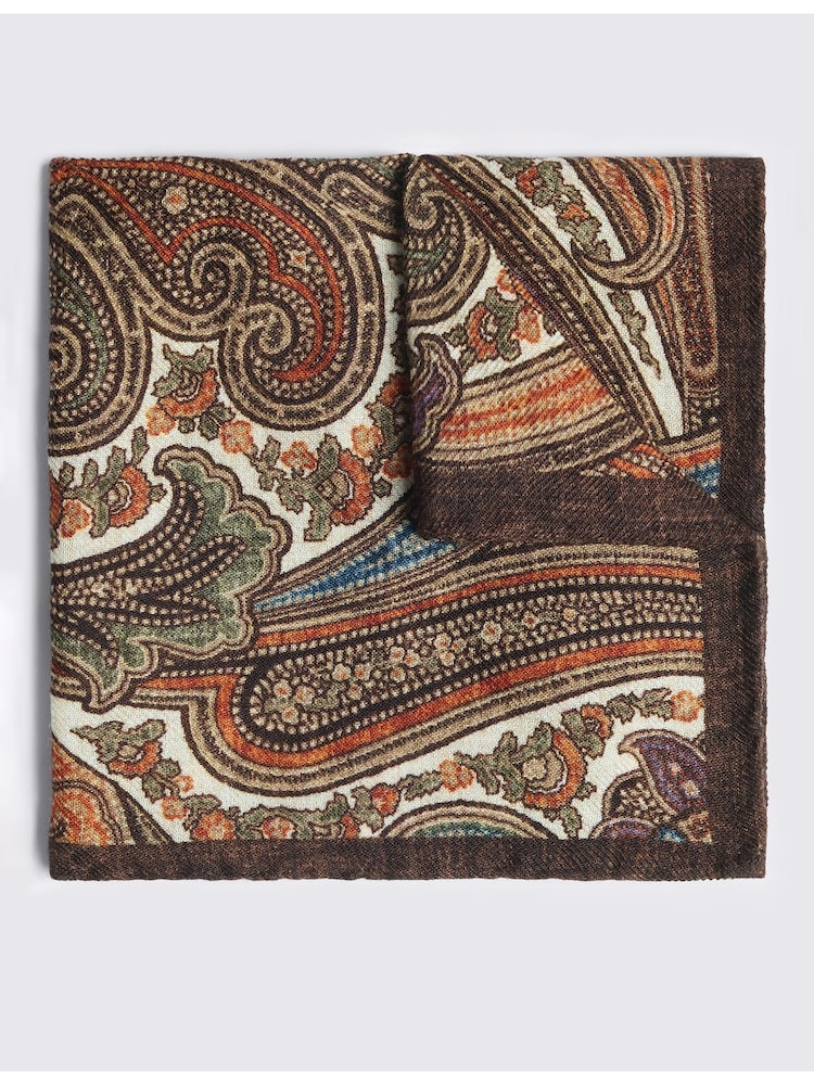 MOSS Brown & Orange Bottinelli Wool Paisley Pocket Square - Image 1 of 2 MOSS Brown & Orange Bottinelli Wool Paisley Pocket Square - Image 1 of 2