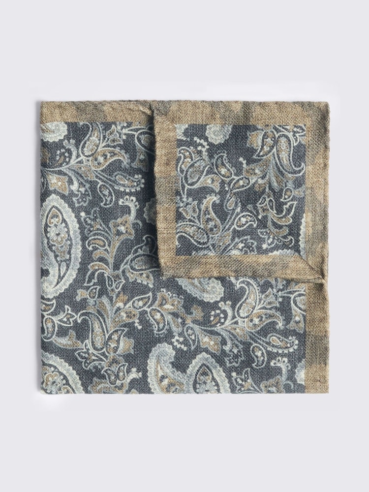 MOSS Charcoal Grey Bottinelli Wool Paisley Pocket Square - Image 1 of 2