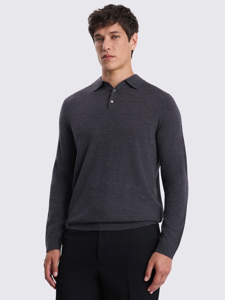 MOSS Charcoal Grey Merino Wool Blend Long-Sleeve Polo Shirt - Image 1 of 4