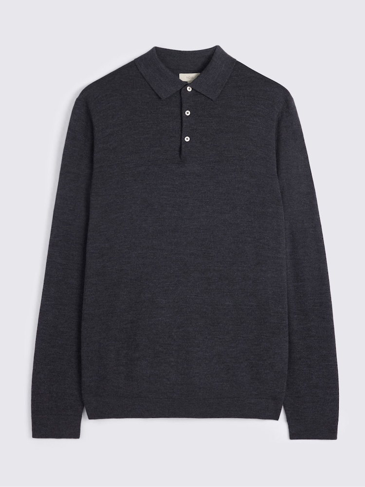 MOSS Charcoal Grey Merino Wool Blend Long-Sleeve Polo Shirt - Image 4 of 4