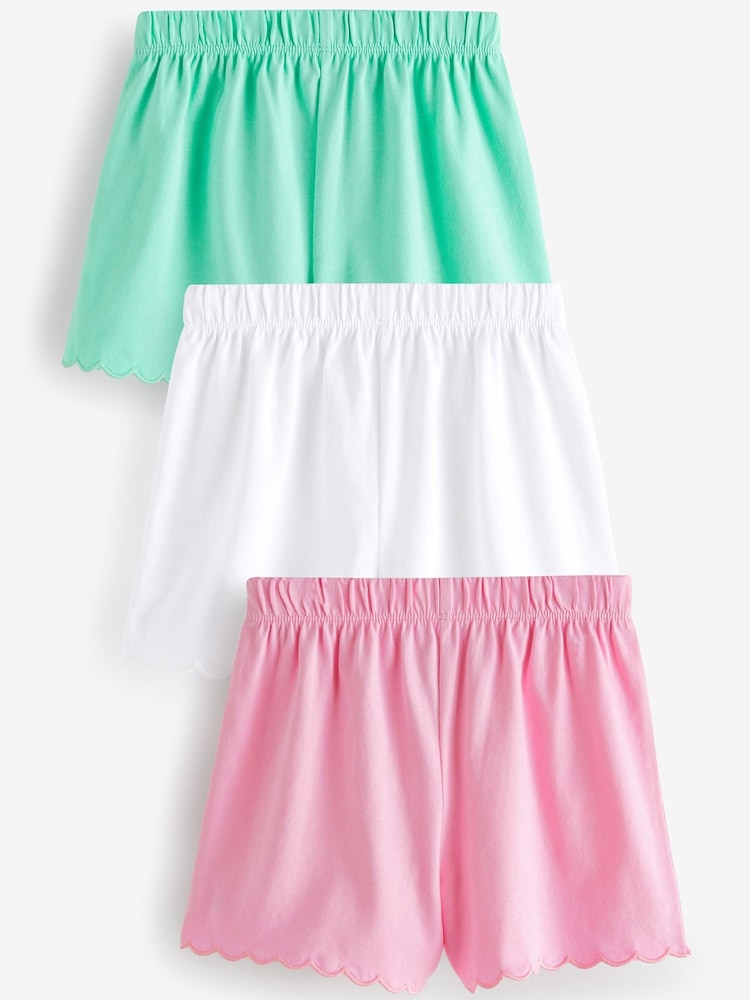 Pink/Green 3 Pack Cotton Scallop Edge Shorts (3mths-7yrs) - Image 1 of 3