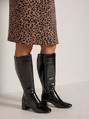 Yours Curve Black Croc Almond Toe Block Heel Boots In Extra Wide EEE Fit - Image 1 of 4