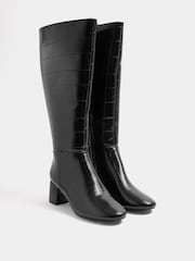 Yours Curve Black Croc Almond Toe Block Heel Boots In Extra Wide EEE Fit - Image 2 of 4