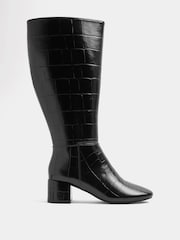 Yours Curve Black Croc Almond Toe Block Heel Boots In Extra Wide EEE Fit - Image 3 of 4