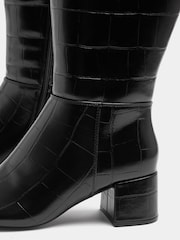 Yours Curve Black Croc Almond Toe Block Heel Boots In Extra Wide EEE Fit - Image 4 of 4