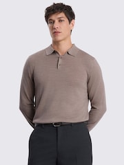 MOSS Taupe Brown Merino Wool Blend Long-Sleeve Polo Shirt - Image 1 of 3