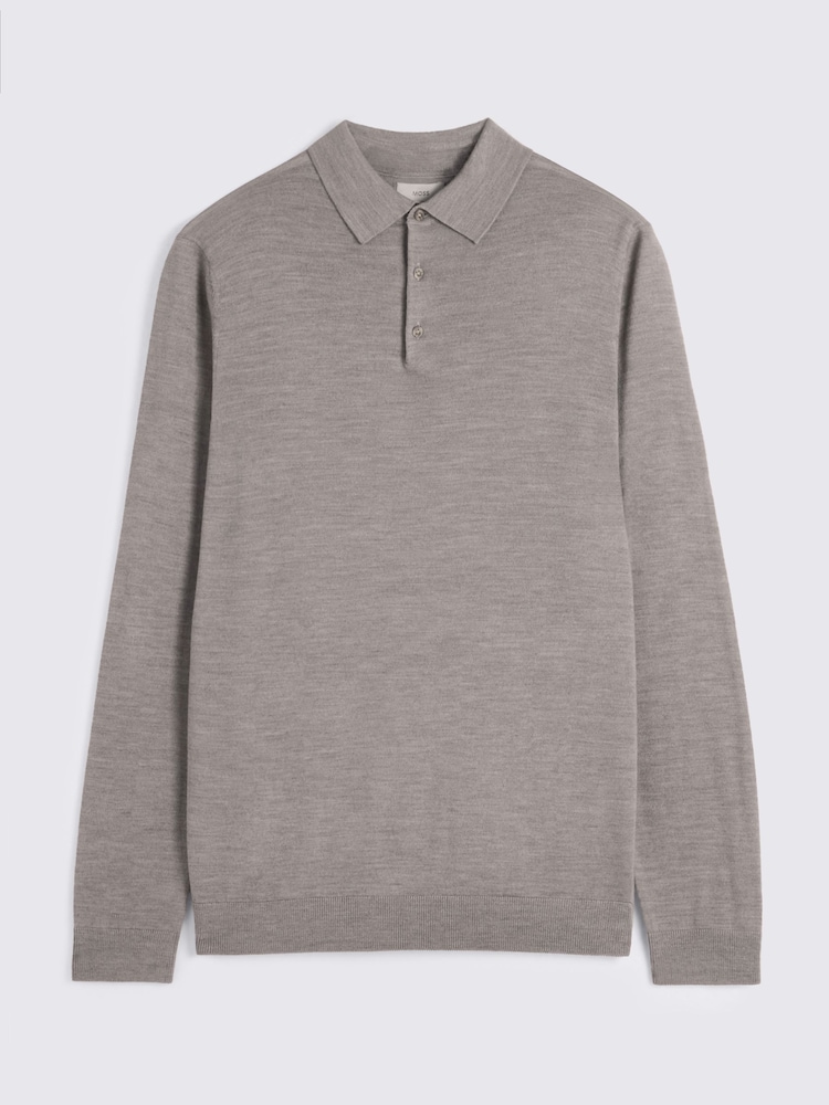 MOSS Taupe Brown Merino Wool Blend Long-Sleeve Polo Shirt - Image 3 of 3 MOSS Taupe Brown Merino Wool Blend Long-Sleeve Polo Shirt - Image 3 of 3