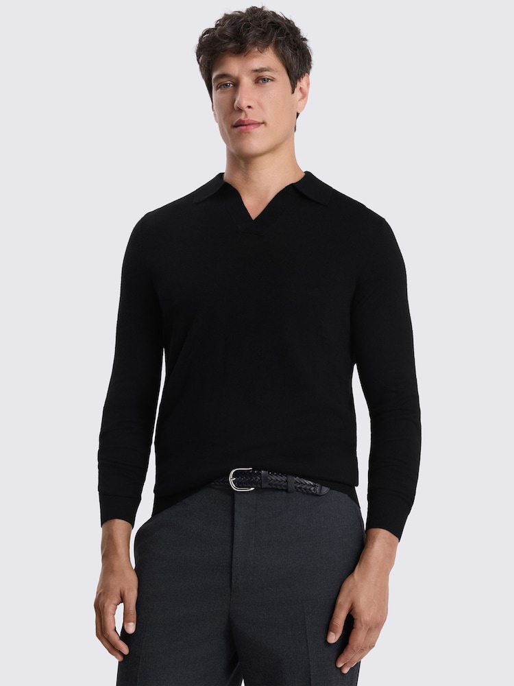 MOSS Black Merino Wool Blend Skipper Polo Shirt - Image 1 of 4 MOSS Black Merino Wool Blend Skipper Polo Shirt - Image 1 of 4