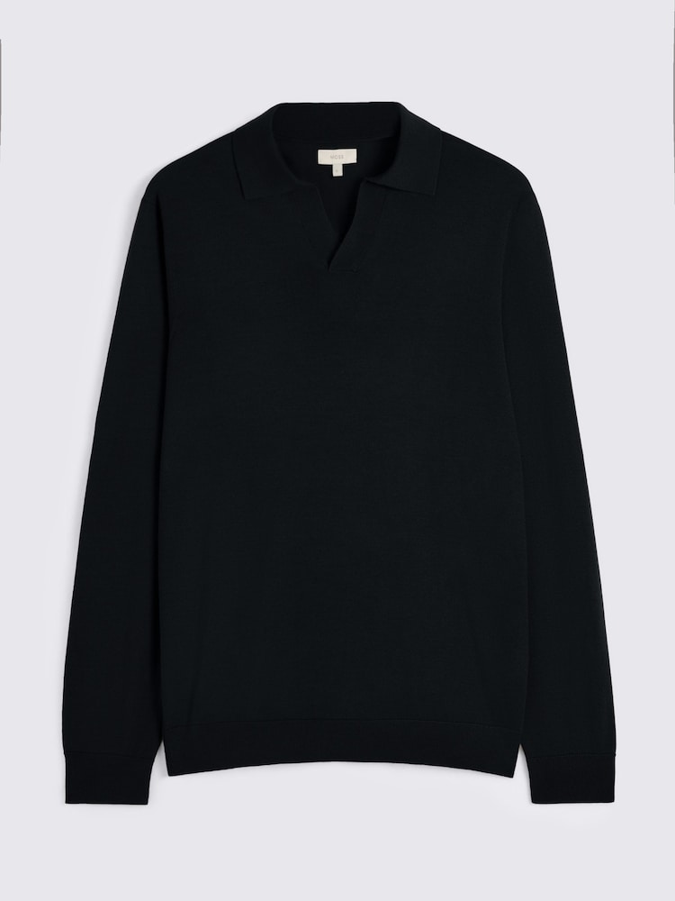 MOSS Black Merino Wool Blend Skipper Polo Shirt - Image 4 of 4 MOSS Black Merino Wool Blend Skipper Polo Shirt - Image 4 of 4