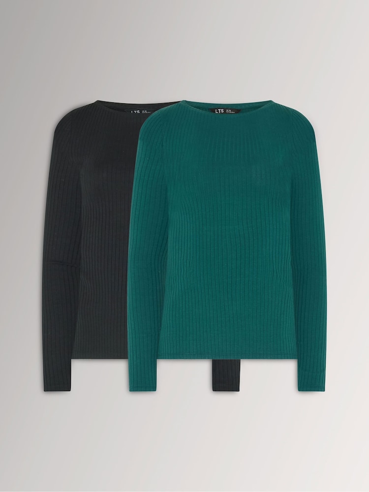 Long Tall Sally Green/Black Ribbed Boat Neck Tops 2 Pack - Image 1 of 9 Long Tall Sally Green/Black Ribbed Boat Neck Tops 2 Pack - Image 1 of 9