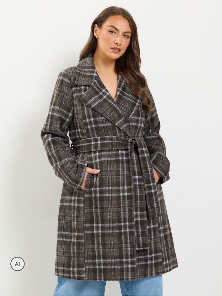 Yours Curve Brown Longline Wrap Coat - Image 1 of 6