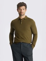 MOSS Olive Green Merino Wool Blend Long-Sleeve Polo Shirt - Image 1 of 3