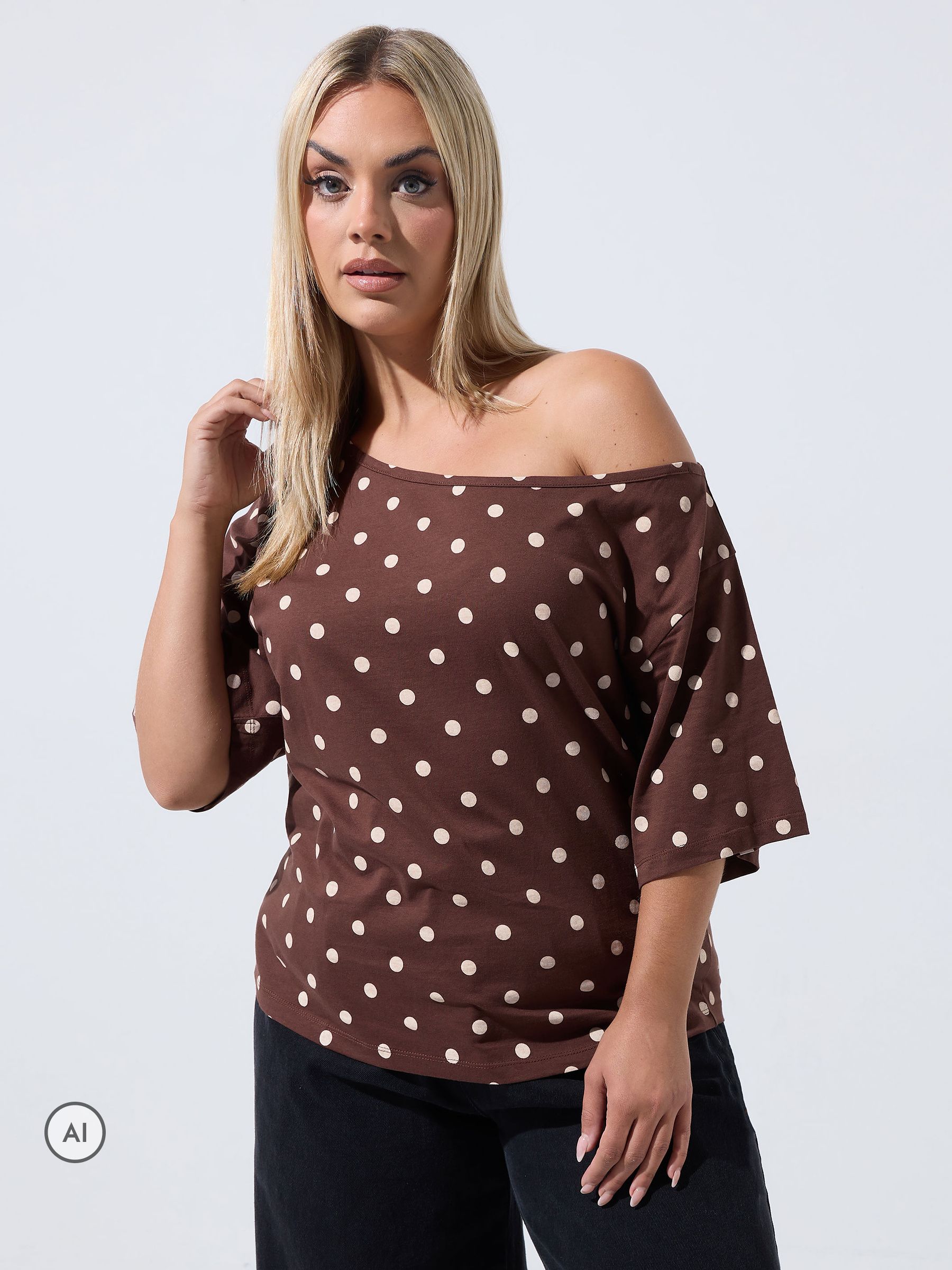 Yours Curve Women's Brown Polka Dot Limited Off Shoulder T-Shirt - Image 1