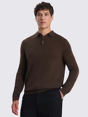 MOSS Brown Merino Wool Blend Long-Sleeve Polo Shirt - Image 1 of 4