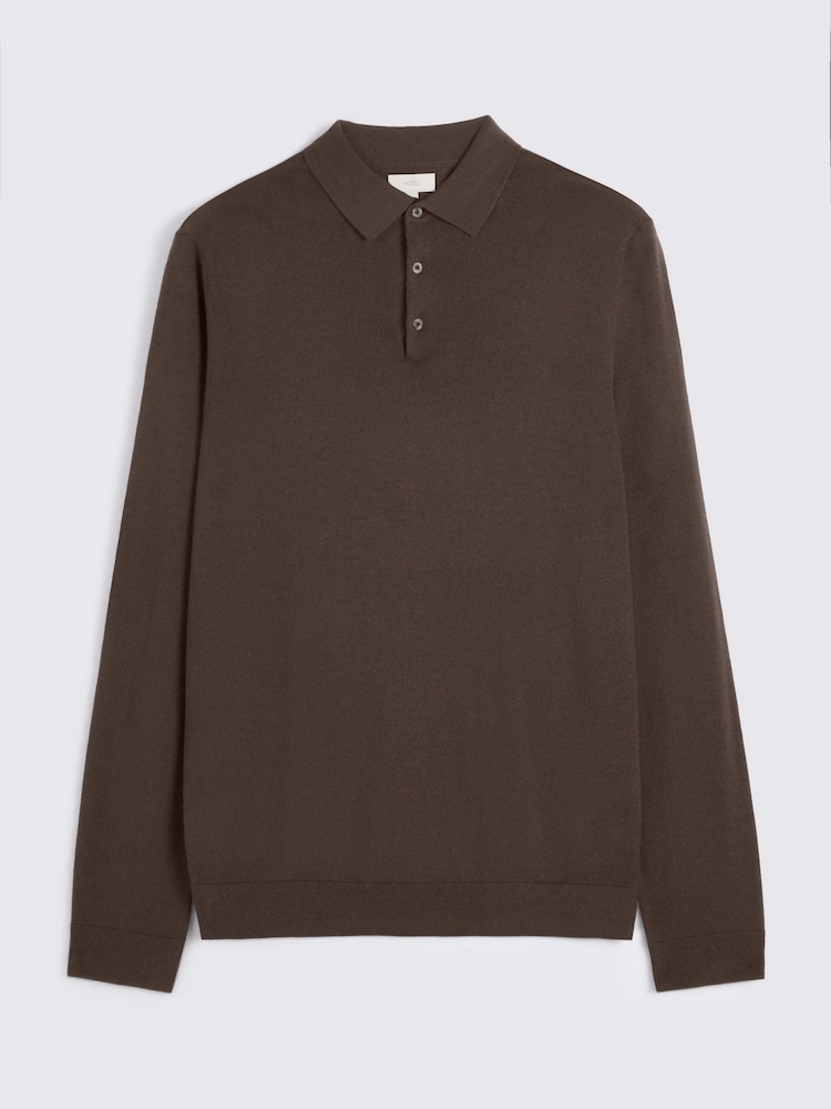 MOSS Brown Merino Wool Blend Long-Sleeve Polo Shirt - Image 4 of 4 MOSS Brown Merino Wool Blend Long-Sleeve Polo Shirt - Image 4 of 4