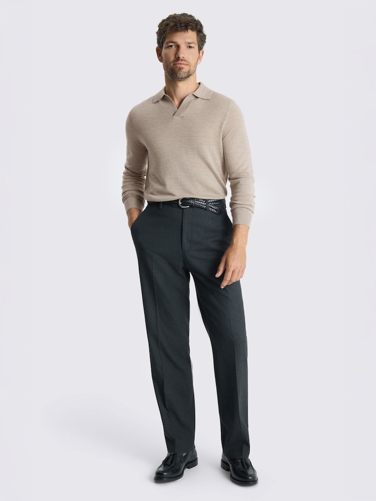 MOSS Natural Taupe Merino Wool Blend Skipper Polo Shirt - Image 2 of 3 MOSS Natural Taupe Merino Wool Blend Skipper Polo Shirt - Image 2 of 3