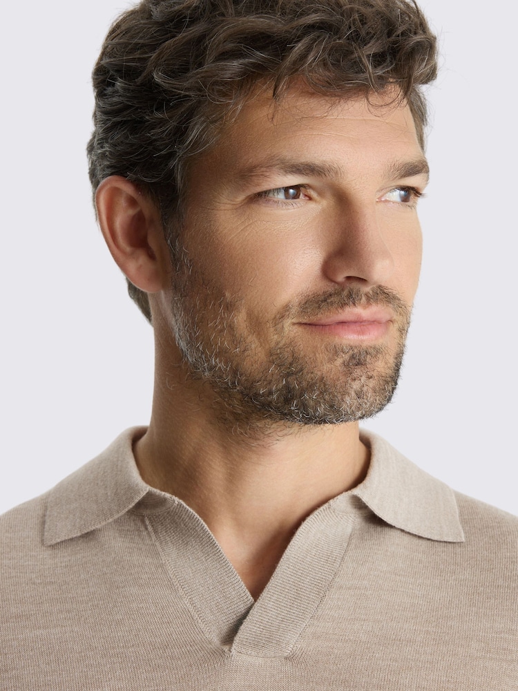 MOSS Natural Taupe Merino Wool Blend Skipper Polo Shirt - Image 3 of 3 MOSS Natural Taupe Merino Wool Blend Skipper Polo Shirt - Image 3 of 3