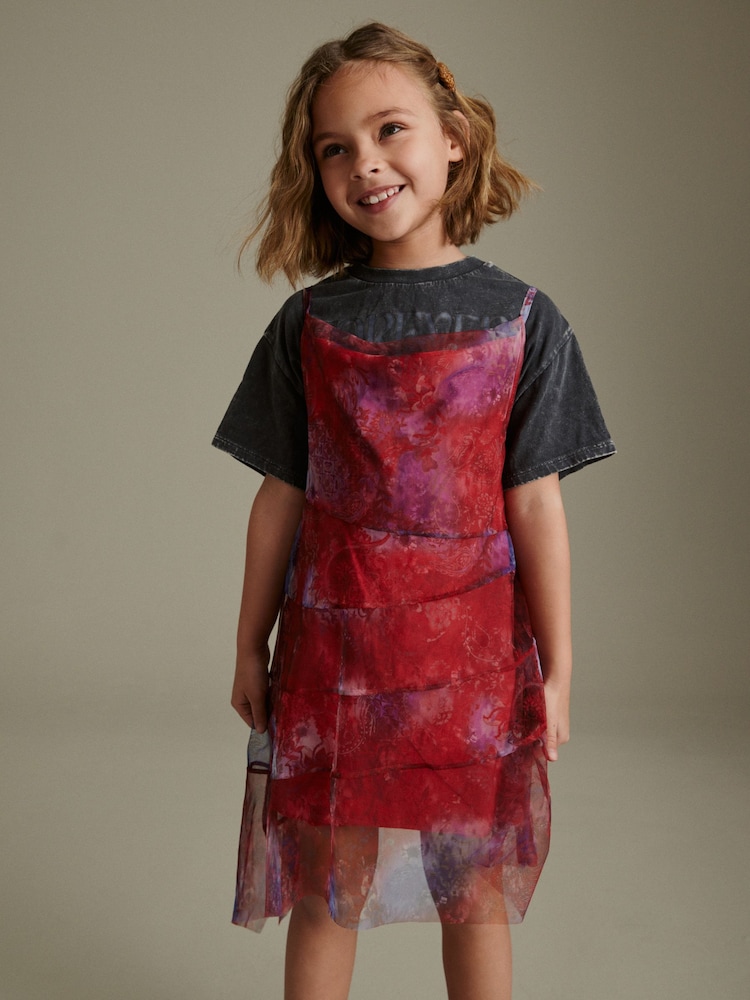 Red/ Blue Floral Print 2-in-1 Mesh Dress And T-Shirt Set (3-16yrs) - Image 1 of 7