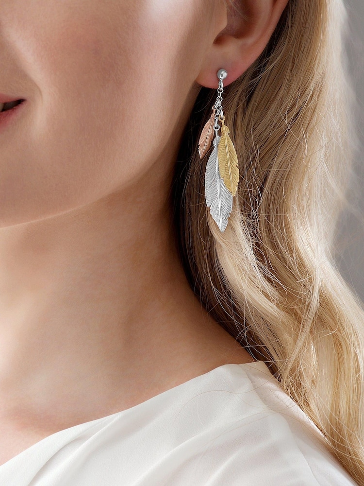 Beaverbrooks Three Colour Feather Drop Earrings - Image 2 of 3