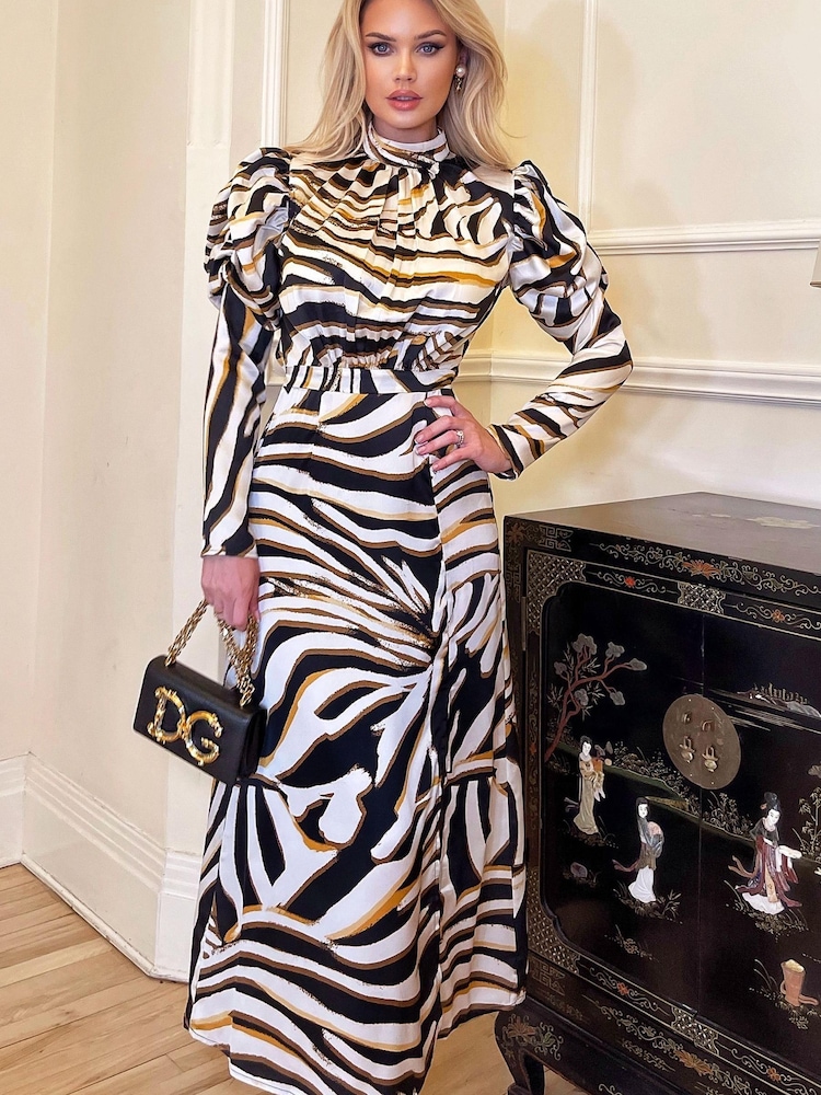 AX Paris Multi Print High Neck Long Puff Sleeve Black Midi Dress - Image 3 of 4