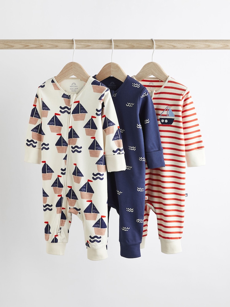 Red/Navy Nautical Baby 100% Cotton Footless Sleepsuits 3 Pack With Zip (0-2yrs) - Image 1 of 7