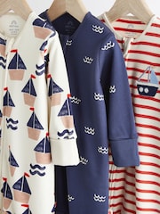 Red/Navy Nautical Baby 100% Cotton Footless Sleepsuits 3 Pack With Zip (0-2yrs) - Image 3 of 7