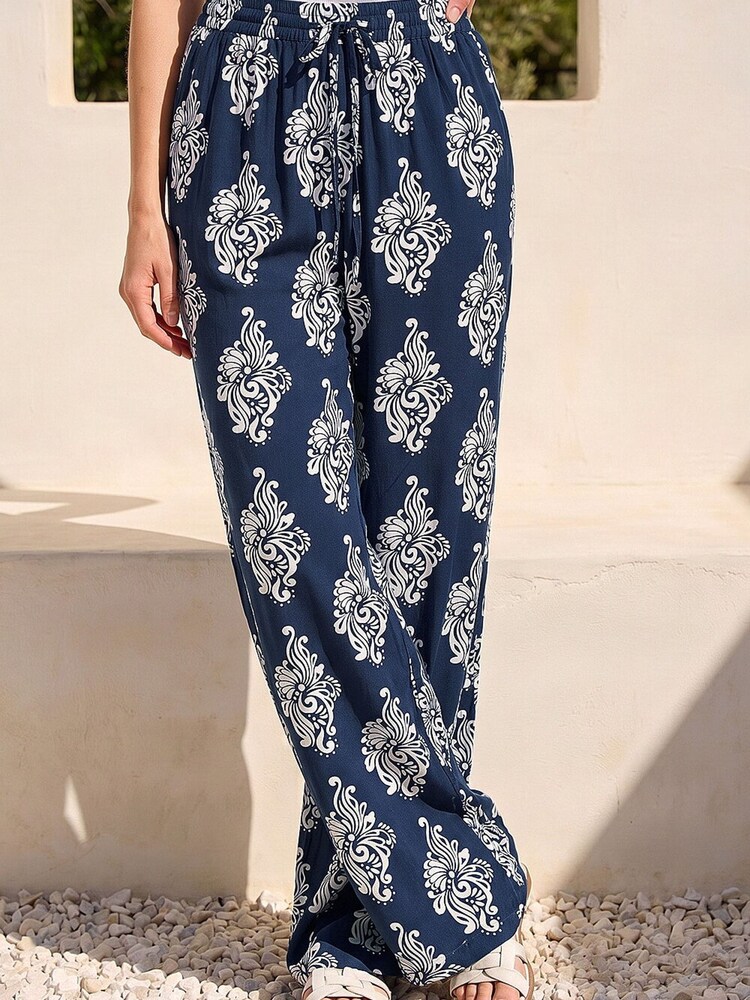 Roman Blue Mono Print Wide Leg Trousers - Image 2 of 4 Roman Blue Mono Print Wide Leg Trousers - Image 2 of 4