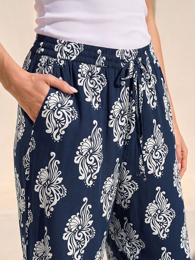 Roman Blue Mono Print Wide Leg Trousers - Image 4 of 4 Roman Blue Mono Print Wide Leg Trousers - Image 4 of 4
