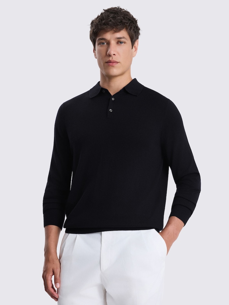 MOSS Navy Blue Merino Wool Blend Long-Sleeve Polo Shirt - Image 1 of 4 MOSS Navy Blue Merino Wool Blend Long-Sleeve Polo Shirt - Image 1 of 4