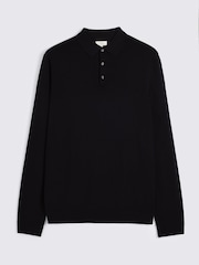 MOSS Navy Blue Merino Wool Blend Long-Sleeve Polo Shirt - Image 4 of 4