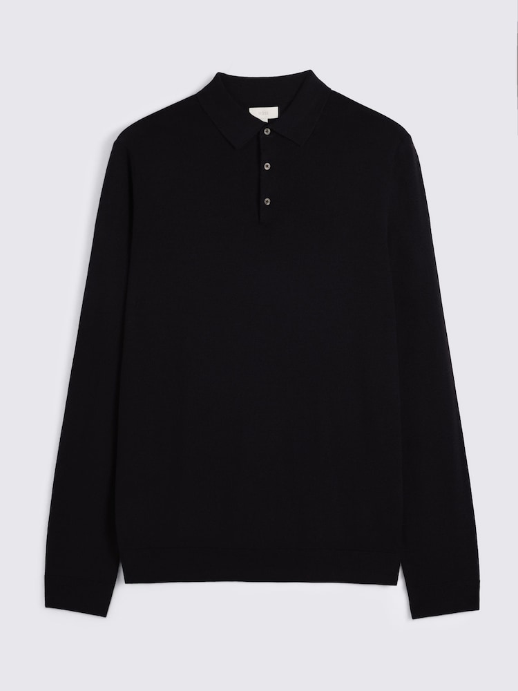 MOSS Navy Blue Merino Wool Blend Long-Sleeve Polo Shirt - Image 4 of 4 MOSS Navy Blue Merino Wool Blend Long-Sleeve Polo Shirt - Image 4 of 4