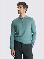 MOSS Teal Blue Merino Wool Blend Long-Sleeve Polo Shirt - Image 1 of 3