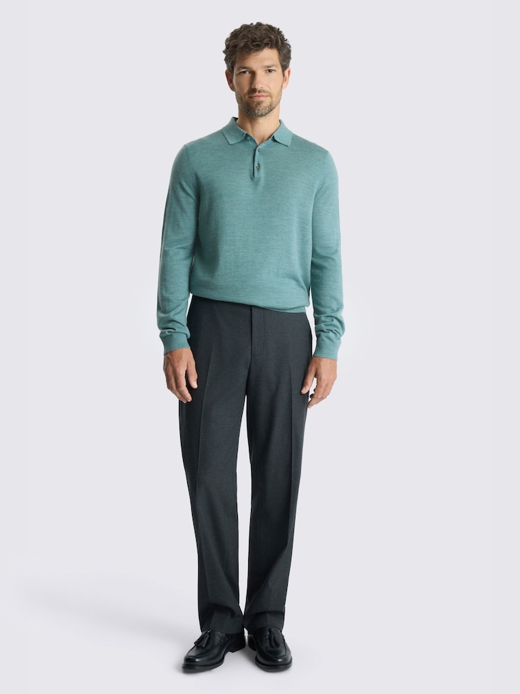 MOSS Teal Blue Merino Wool Blend Long-Sleeve Polo Shirt - Image 2 of 3 MOSS Teal Blue Merino Wool Blend Long-Sleeve Polo Shirt - Image 2 of 3