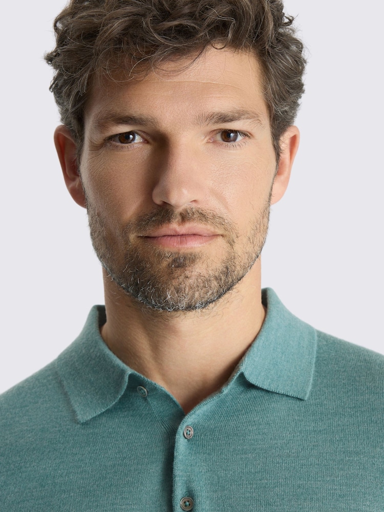 MOSS Teal Blue Merino Wool Blend Long-Sleeve Polo Shirt - Image 3 of 3 MOSS Teal Blue Merino Wool Blend Long-Sleeve Polo Shirt - Image 3 of 3