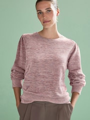Pink Spacedye Cosy Lightweight Soft Touch Sleeve Detail Crew Neck Jumper - Image 1 of 7