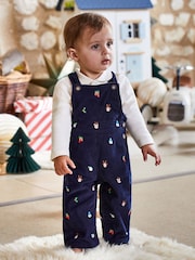 JoJo Maman Bébé Navy Blue Christmas Embroidered Cord Dungarees - Image 1 of 4