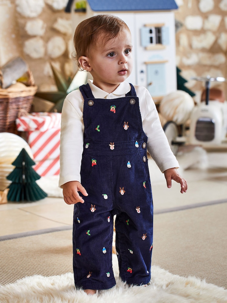JoJo Maman Bébé Navy Blue Christmas Embroidered Cord Dungarees - Image 1 of 4