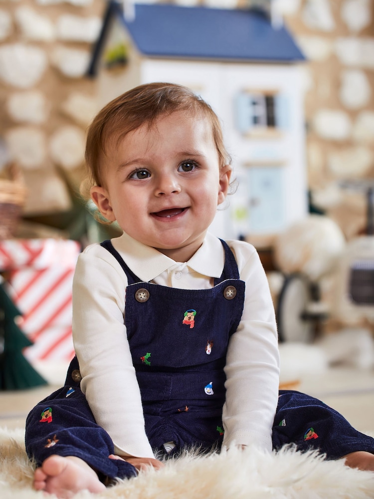 JoJo Maman Bébé Navy Blue Christmas Embroidered Cord Dungarees - Image 2 of 4