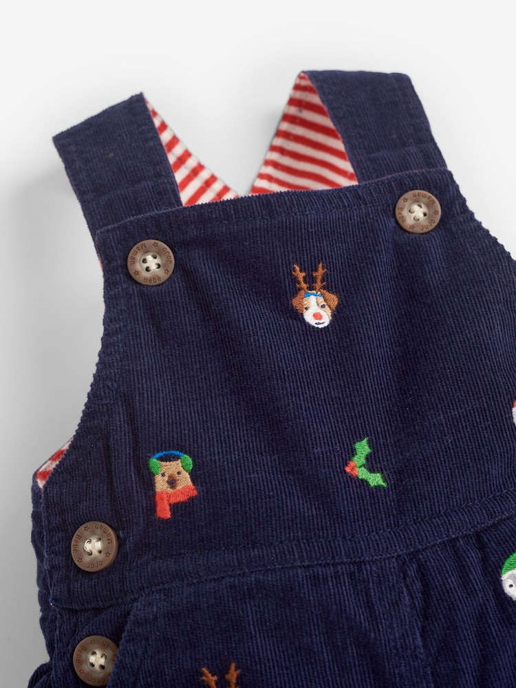 JoJo Maman Bébé Navy Blue Christmas Embroidered Cord Dungarees - Image 4 of 4