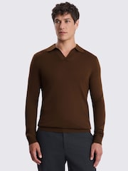 MOSS Brown Merino Wool Blend Skipper Polo Shirt - Image 1 of 4