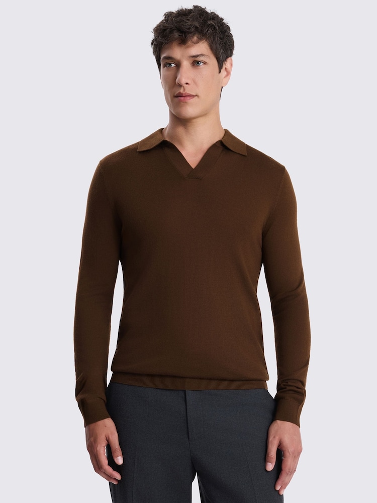 MOSS Brown Merino Wool Blend Skipper Polo Shirt - Image 1 of 4 MOSS Brown Merino Wool Blend Skipper Polo Shirt - Image 1 of 4