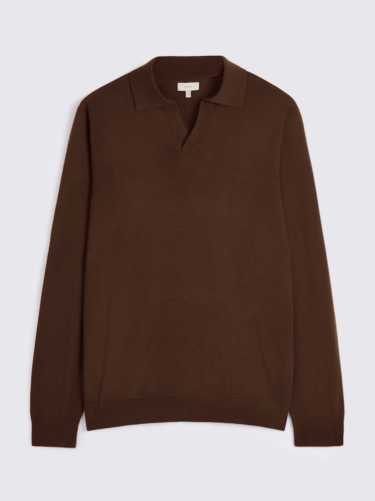 MOSS Brown Merino Wool Blend Skipper Polo Shirt - Image 4 of 4 MOSS Brown Merino Wool Blend Skipper Polo Shirt - Image 4 of 4