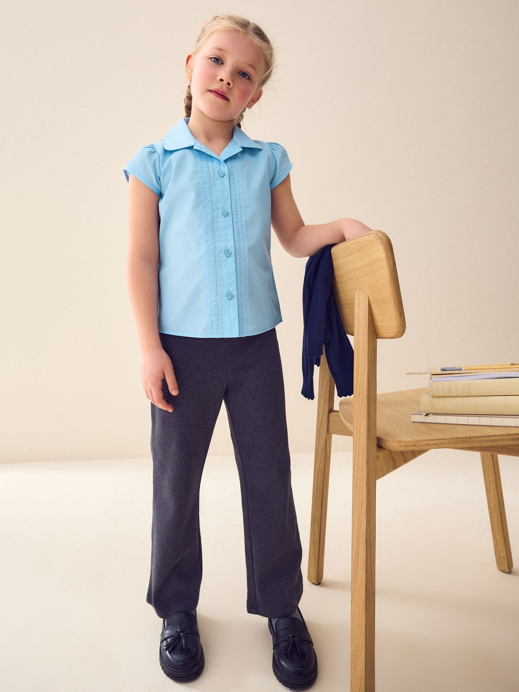 Buy Blue Regular Fit Puff Sleeve Lace Trim School Blouse (3