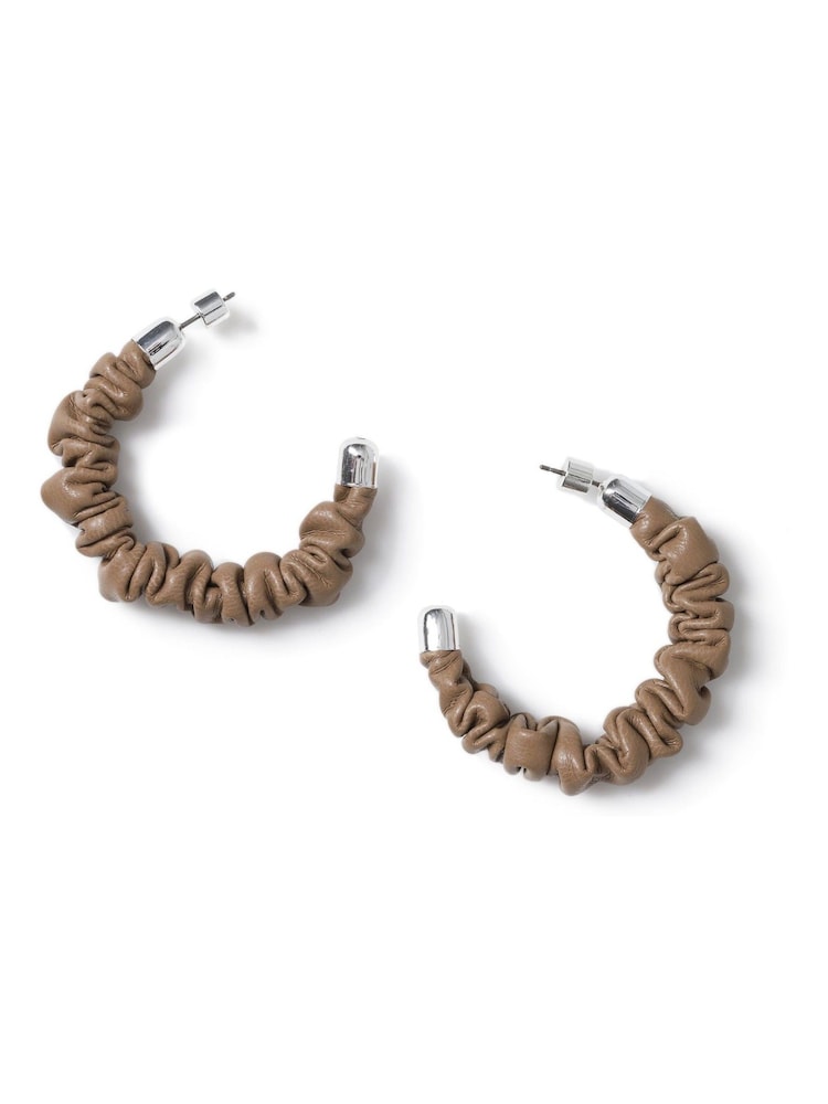 Aela Ruched Faux Leather Brown Hoop Earrings - Image 1 of 2 Aela Ruched Faux Leather Brown Hoop Earrings - Image 1 of 2