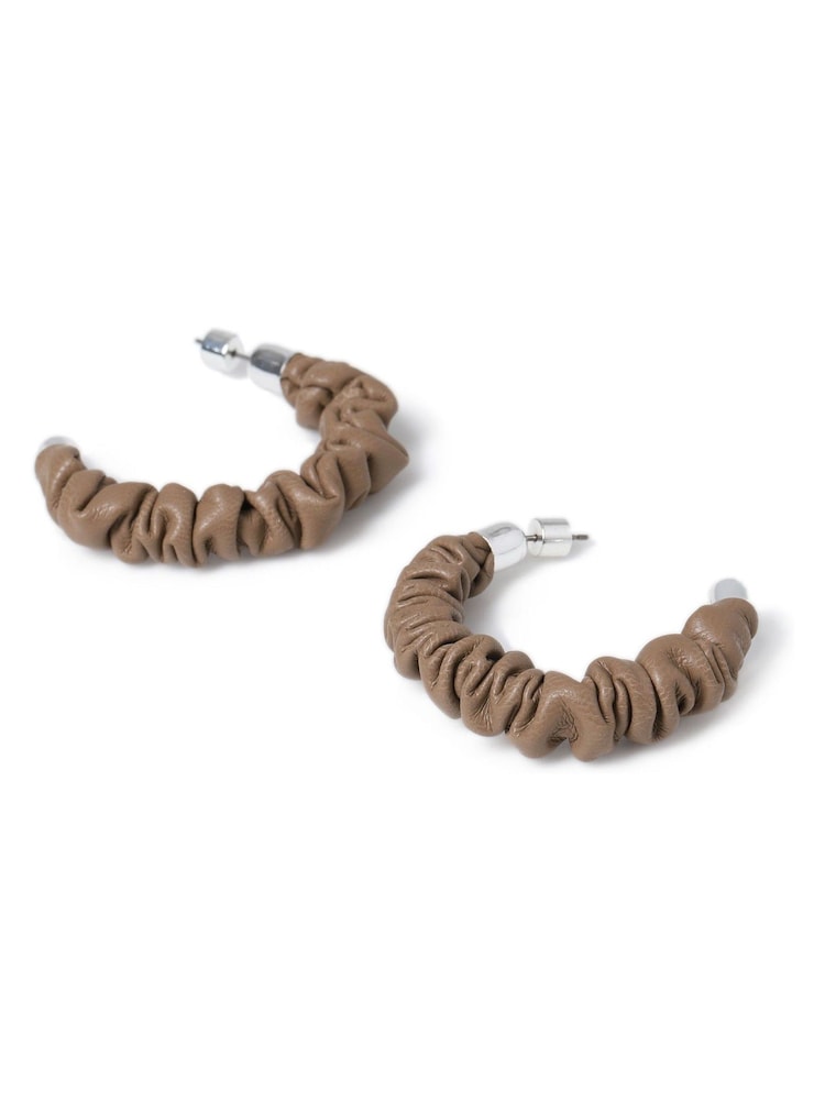 Aela Ruched Faux Leather Brown Hoop Earrings - Image 2 of 2 Aela Ruched Faux Leather Brown Hoop Earrings - Image 2 of 2