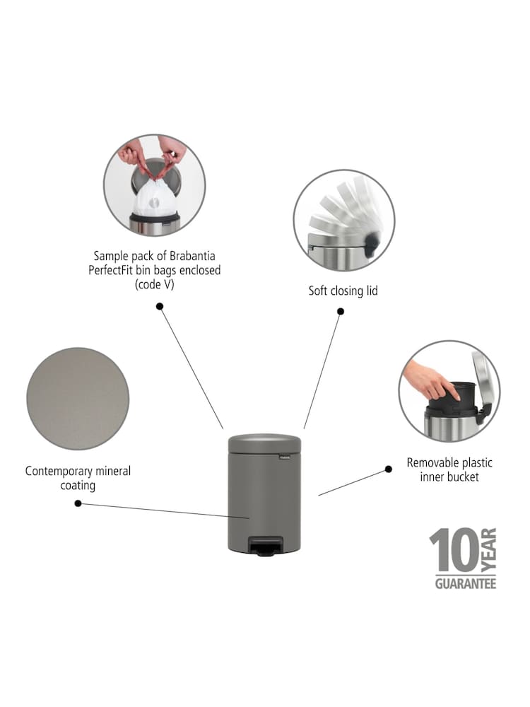 Brabantia Grey NewIcon 3L Mineral Concrete Pedal Bin - Image 4 of 4